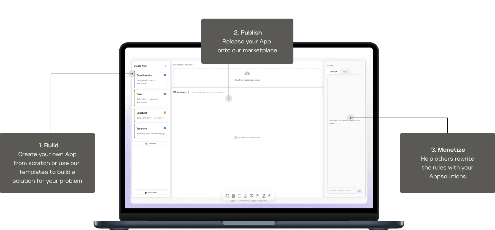 Build your app, publish it to the marketplace, and monetize it with your own Appsolutions.